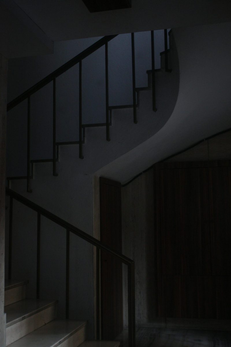 A shadowy staircase with metal railings in a quiet, dimly lit house interior, creating a moody atmosphere.